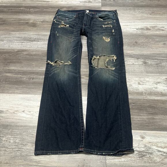 True Religion Dark Faded‎ Blue Mens 38 Distressed Straight Jeans Cybergrunge Y2K - Picture 2 of 12